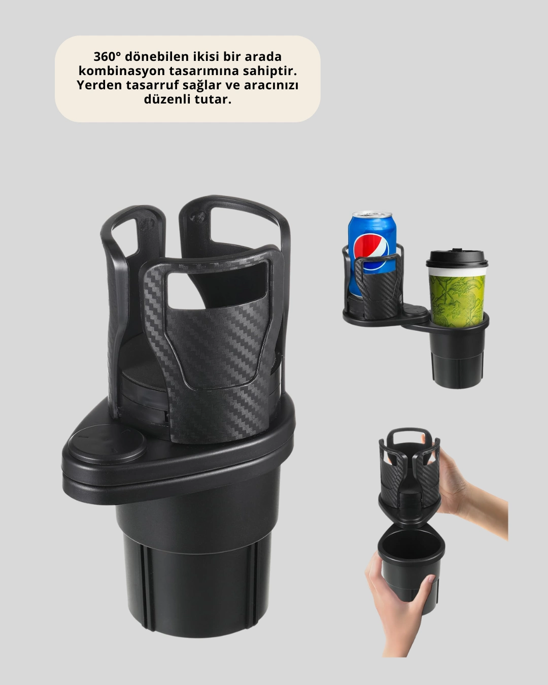 Oto Bardak Tutucu 360° Döner Çift Bölmeli Karbon Fiber Tasarım ( Lisinya )