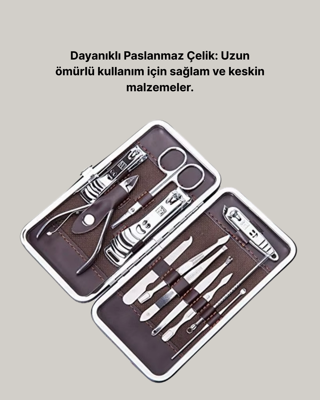 Özel Deri Çantalı 12 Parça Manikür Pedikür Bakım Seti Paslanmaz Çelik ( Lisinya )