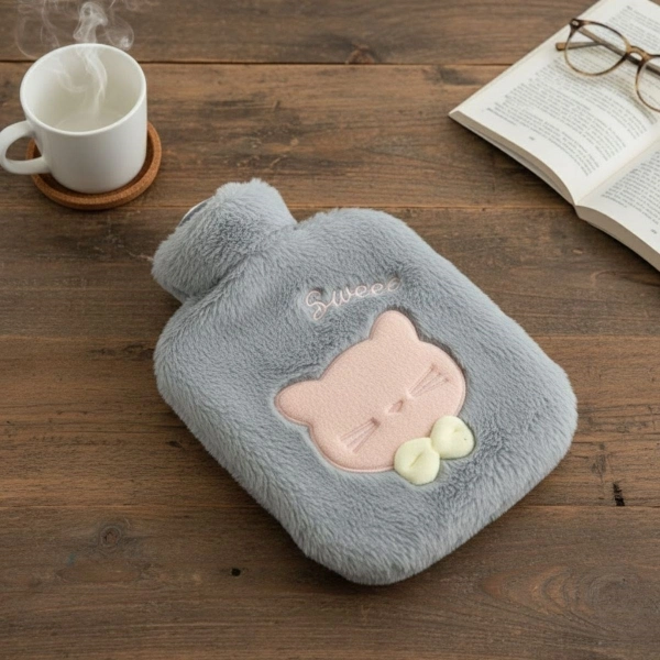 Papyonlu Kedi Figürlü Mavi Peluş Sıcak Su Torbası 1 Litre ( Lisinya )