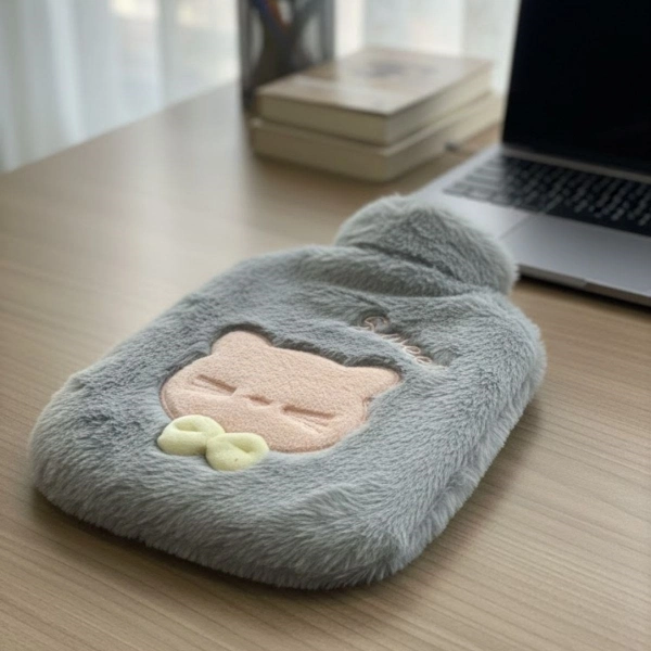 Papyonlu Kedi Figürlü Mavi Peluş Sıcak Su Torbası 1 Litre ( Lisinya )