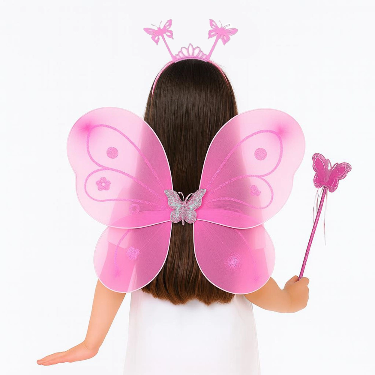 Pembe Kelebek Kız Seti – 50 Cm Kelebek Kanadı, Taç Ve Asa ( Lisinya )