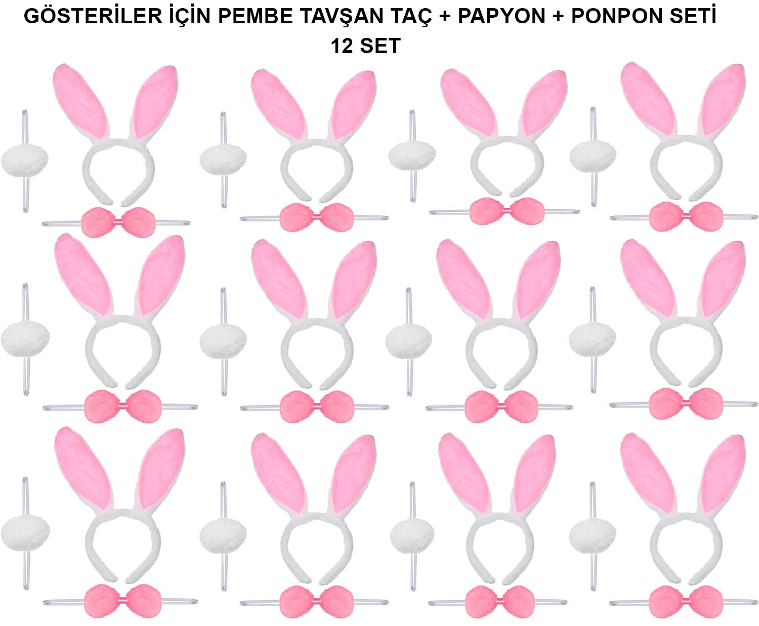 Pembe Tavşan Kostüm Seti – Taç, Papyon, Ponpon (12’li Paket) ( Lisinya ) Pembe Tavşan Kostüm Seti – Taç, Papyon, Ponpon (12’li Paket) ( Lisinya )