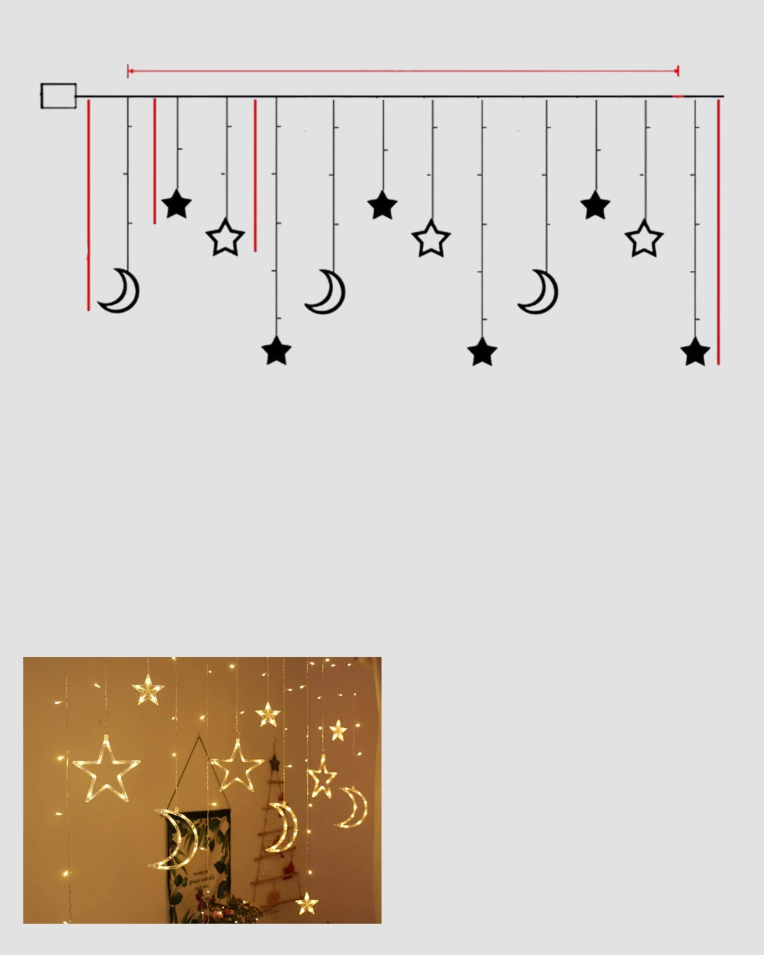 Pilli Çalışan Yıldız Ay Perde Led Işık 2 Modlu Dekorasyon ( Lisinya )