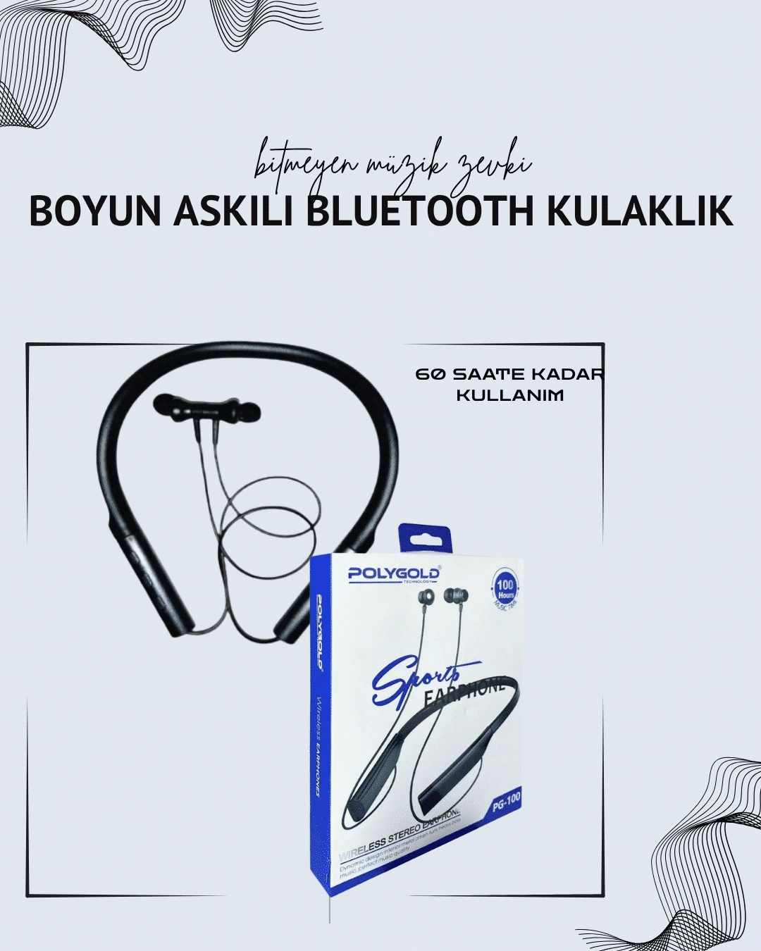 Polygold Pg-100 Boyun Askılı Kablosuz Kulaklık – 200 Saat Bekleme Süresi, Stereo Ses, Mikrofonlu ( Lisinya )