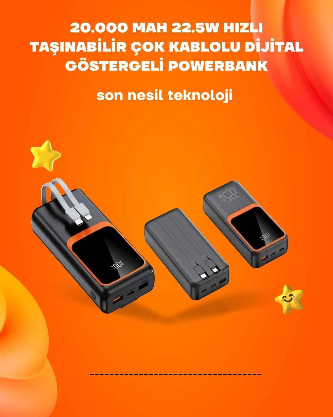 Powerbank 20000 Mah | 22.5w Hızlı Şarj, Dahili Kablolu, Lcd Ekranlı Şarj Cihazı ( Lisinya )