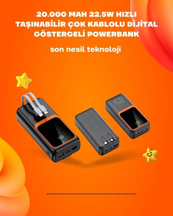 Powerbank 20000 Mah | 22.5w Hızlı Şarj, Dahili Kablolu, Lcd Ekranlı Şarj Cihazı ( Lisinya )
