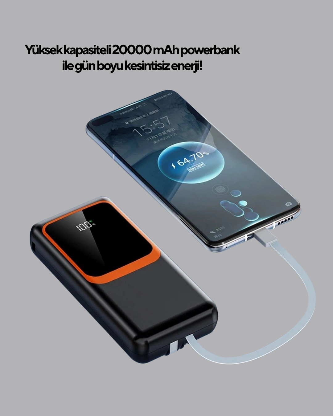 Powerbank 20000 Mah Dijital Ekranlı Ve Çok Kablolu Hızlı Şarj Cihazı ( Lisinya )