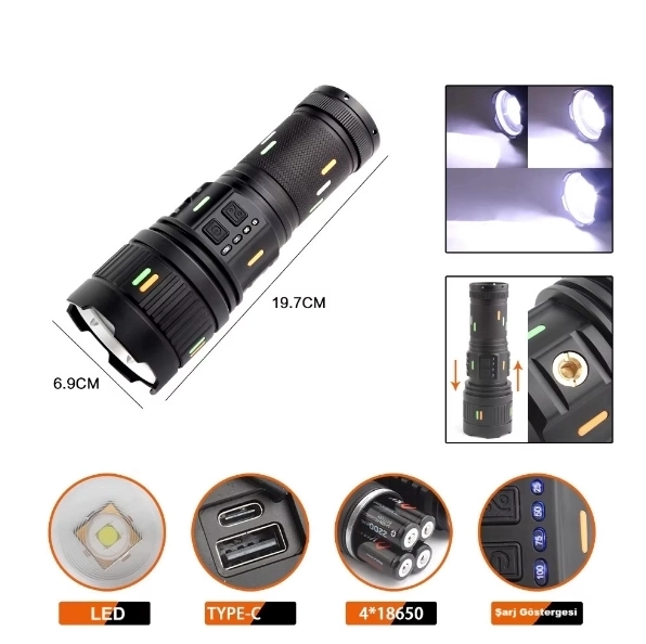 Pro F-3001 Alüminyum Tg Led Güç Göstergeli Type-c Şarjlı El Feneri 100 W ( Lisinya )