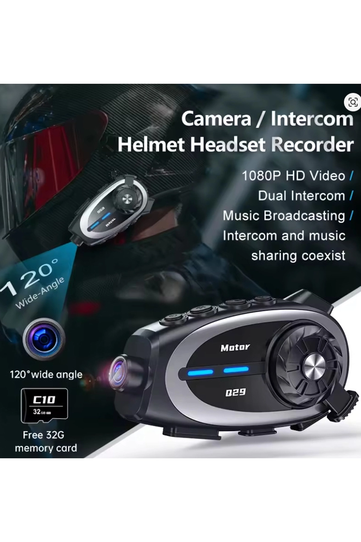 Q29 Motosiklet Kask Bluetooth Kulaklık Eşleşmeli 1080p Kamera Geniş Açı Su Geçirmez Intercom ( Lisinya )