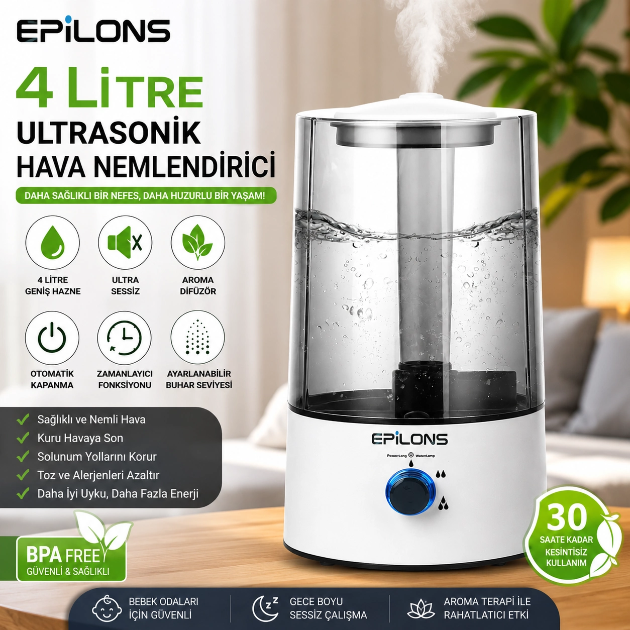RBH-04 Ultrasonik Hava Nemlendirici 4 Litre Buhar Makinesi Aroma Difüzörü - Otomatik Kapanma ( Lisinya )