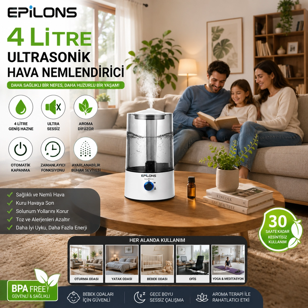RBH-04 Ultrasonik Hava Nemlendirici 4 Litre Buhar Makinesi Aroma Difüzörü - Otomatik Kapanma ( Lisinya )