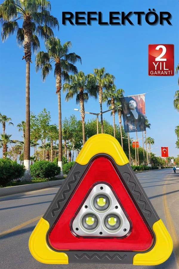 Reflektör Güneş Panelli Solarlı Şarjlı Üçgen Işıklı Trafik Reflektör Fener ( Lisinya )
