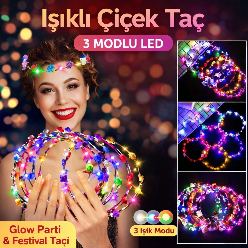 Renkli Led Çiçek Taç – 3 Işık Modlu ( Lisinya )