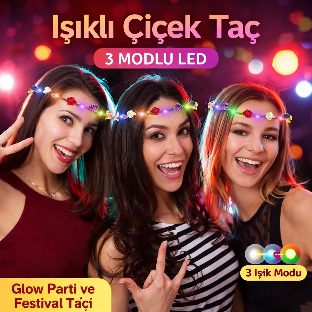 Renkli Led Çiçek Taç – 3 Işık Modlu ( Lisinya )