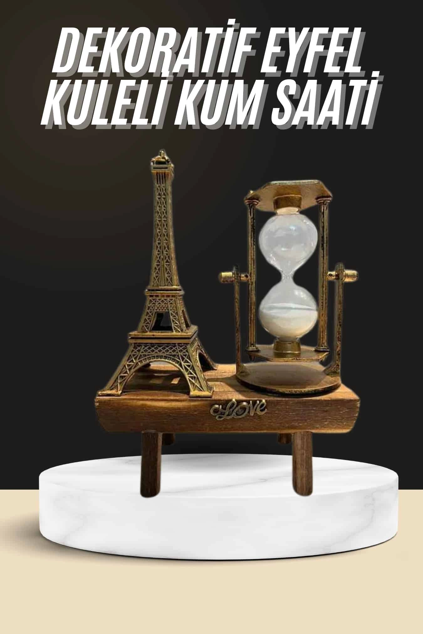 Retro Eyfel Kulesi Ve Kum Saati Dekoratif Ahşap Görünümlü Masa Biblosu ( Lisinya )