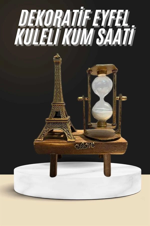 Retro Eyfel Kulesi Ve Kum Saati Dekoratif Ahşap Görünümlü Masa Biblosu ( Lisinya )