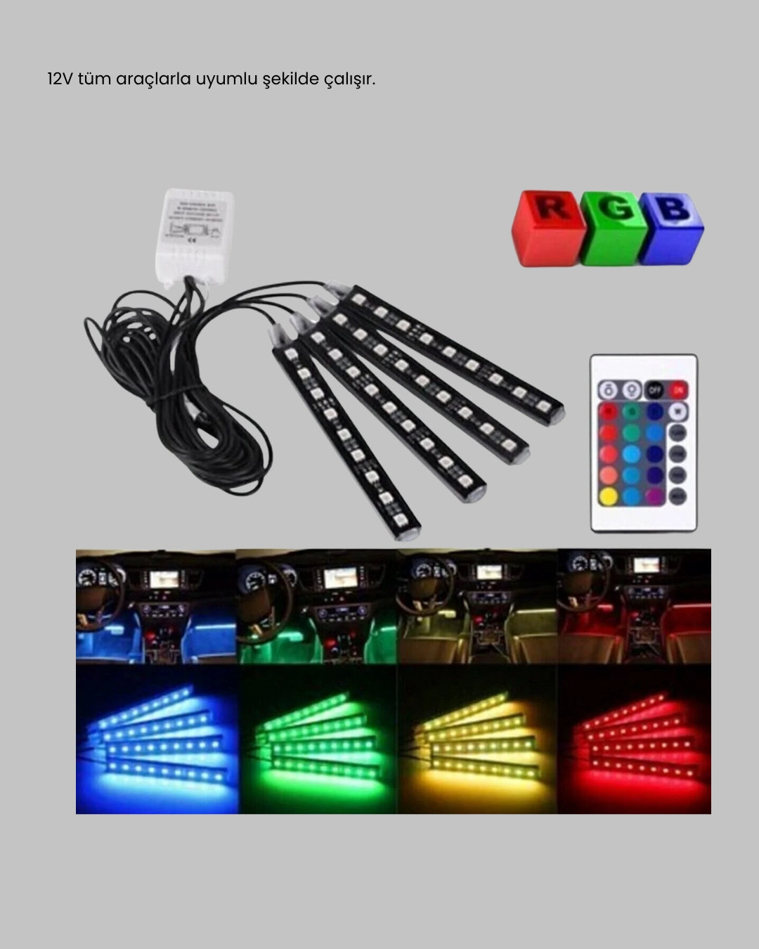 Rgb Araç İçi Led Aydınlatma 12v 48 Led Müzik Kontrollü 4 Şerit Set ( Lisinya )