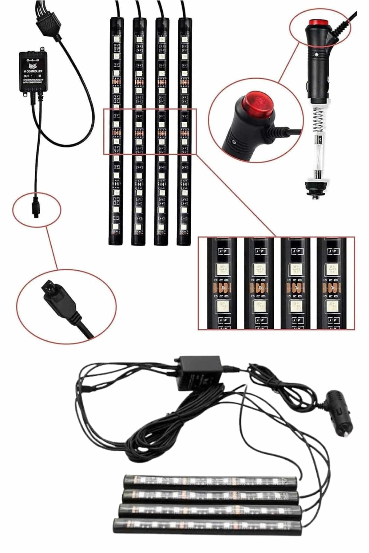 Rgb Işıklı Araç İçi Aydınlatma Kumandalı 12'li Led Işık Renk Değiştirebilen ( Lisinya )