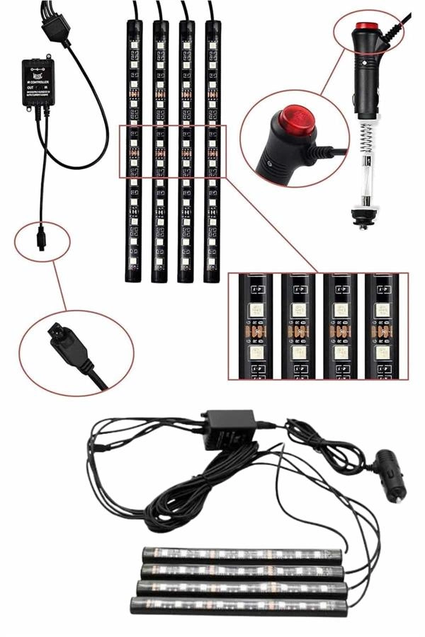Rgb Işıklı Araç İçi Aydınlatma Kumandalı 12'li Led Işık Renk Değiştirebilen ( Lisinya )