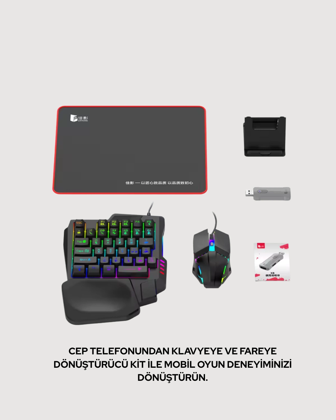 Rgb Klavye + Mouse + Dönüştürücü Seti – Mobil Oyunlarda Üstün Kontrol ( Lisinya )