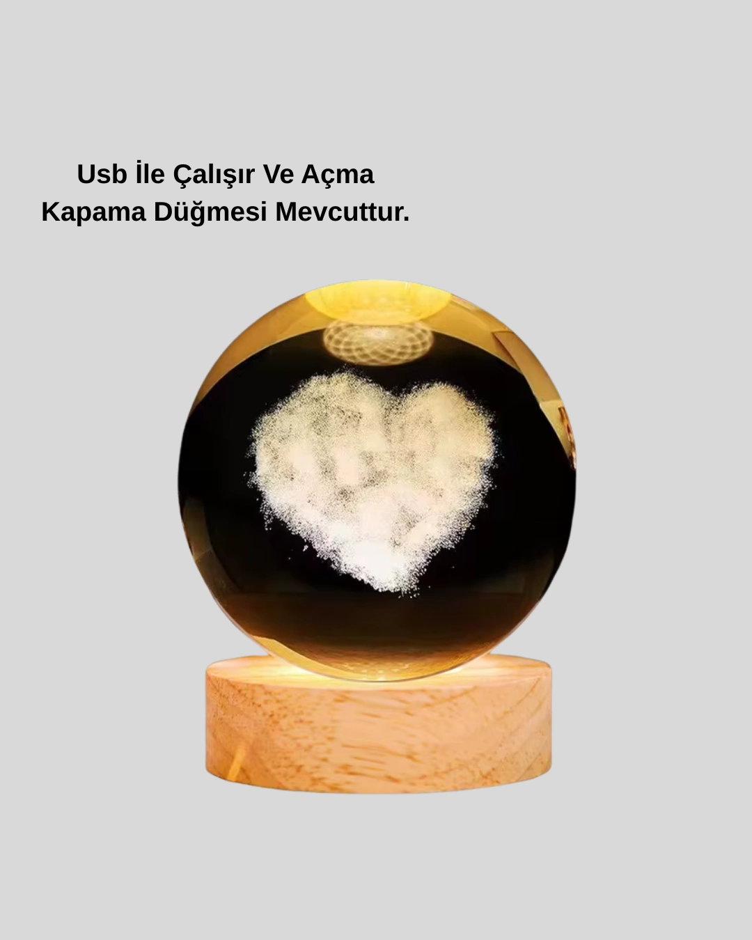 Romantik Kalpli Kristal Cam Küre Usb’li Işıklı Dekoratif Obje ( Lisinya )
