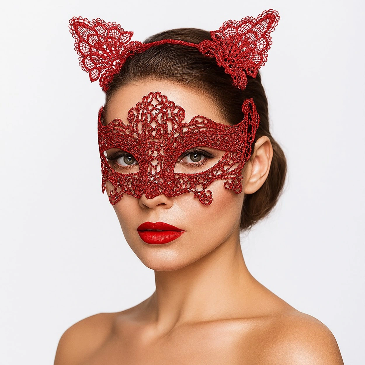 Romantik Kırmızı Dantel Maske Seti – Kedi Kulaklı Taç Ve Maske No 3 ( Lisinya )