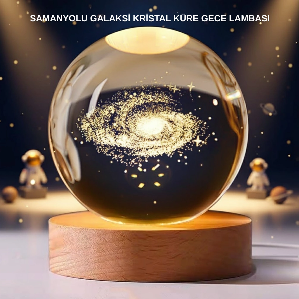 Samanyolu Desenli Kristal Küre Ahşap Standlı Gün Işığı Led Masa Lambası ( Lisinya )