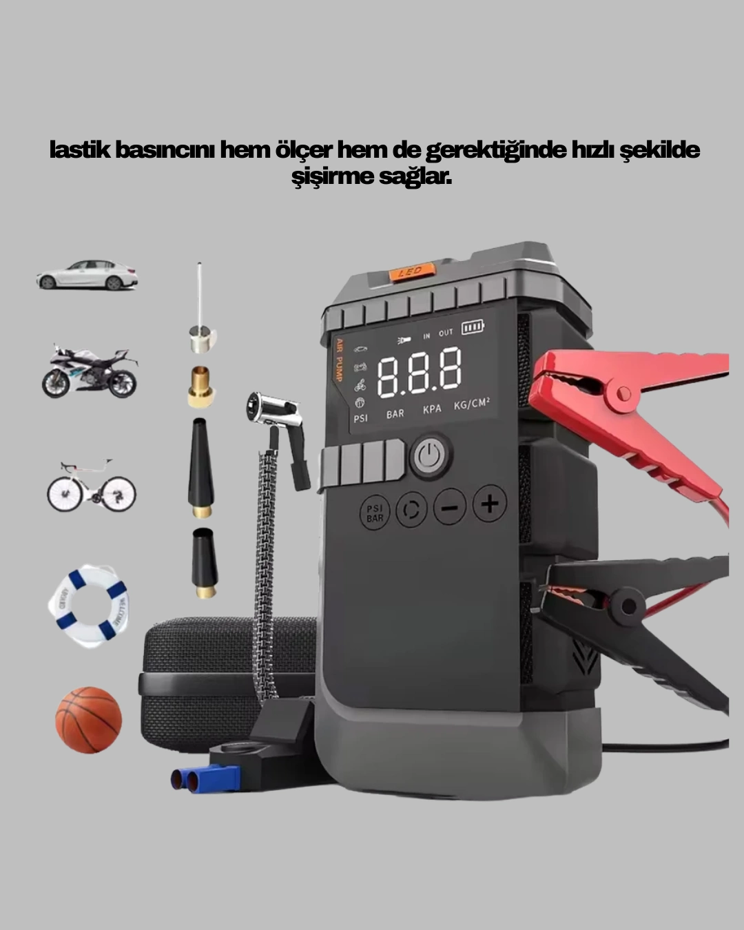 Şarjlı 12000 Mah Araç Akü Takviye Ve Hava Kompresörü 4’ü 1 Arada ( Lisinya )