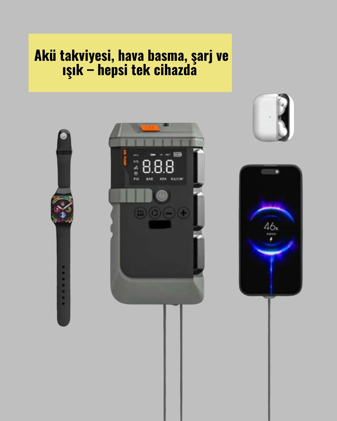 Şarjlı 12000 Mah Araç Akü Takviye Ve Hava Kompresörü 4’ü 1 Arada ( Lisinya )