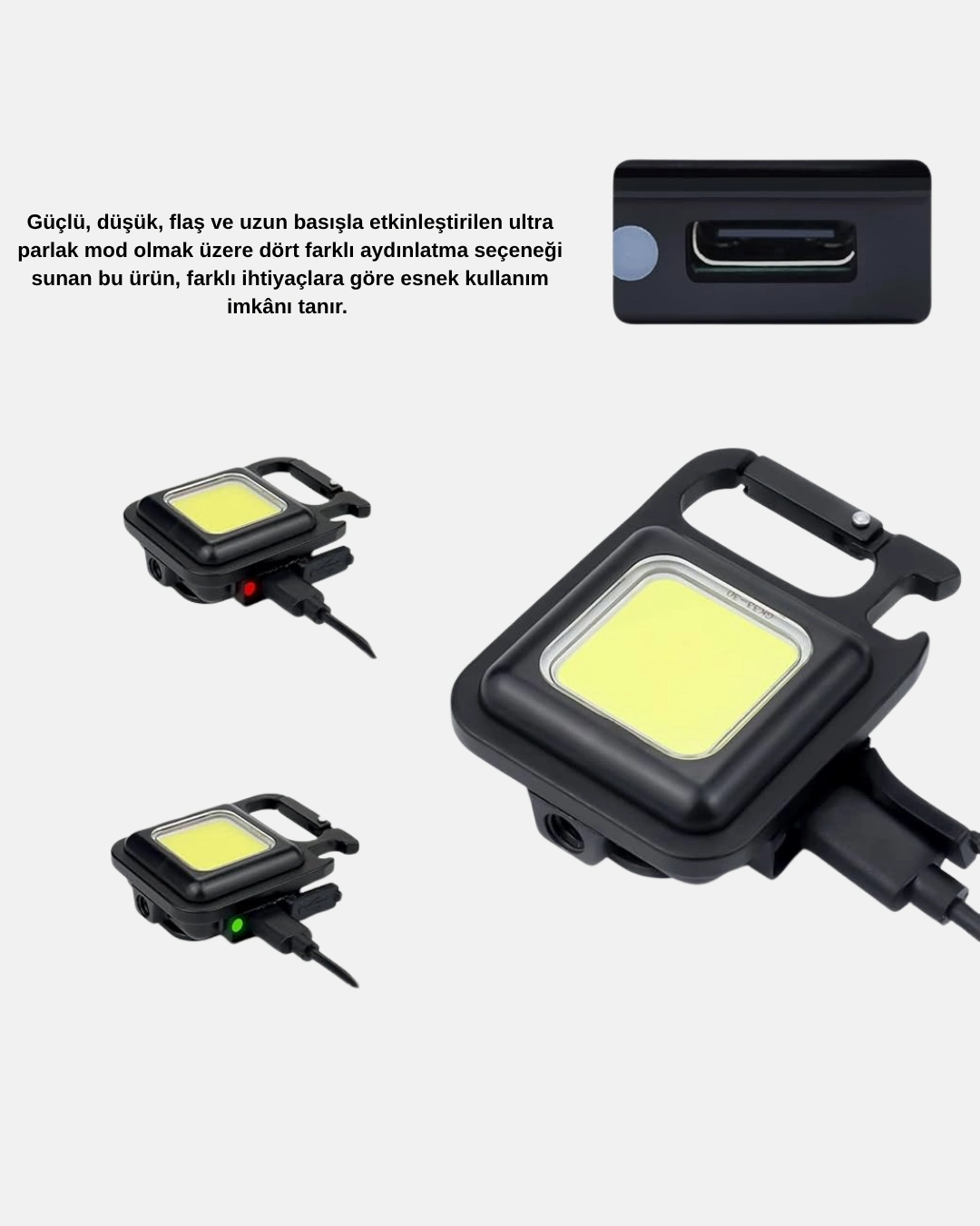 Şarjlı Cob Led Anahtarlık Fener – 4 Modlu, Manyetik Ve Katlanabilir Standlı ( Lisinya )