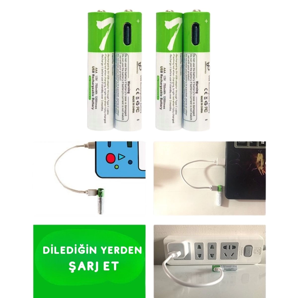 Usb Type-c Şarjlı 4 Adet Aaa 1.5v Lityum Kalem Pil 750mah Uzun Ömürlü ( Lisinya )
