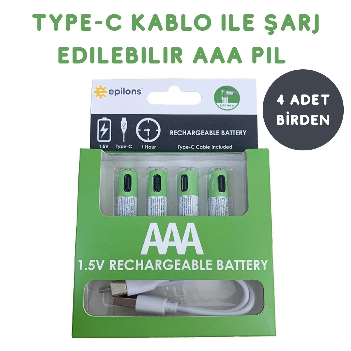 Usb Type-c Şarjlı 4 Adet Aaa 1.5v Lityum Kalem Pil 750mah Uzun Ömürlü ( Lisinya )