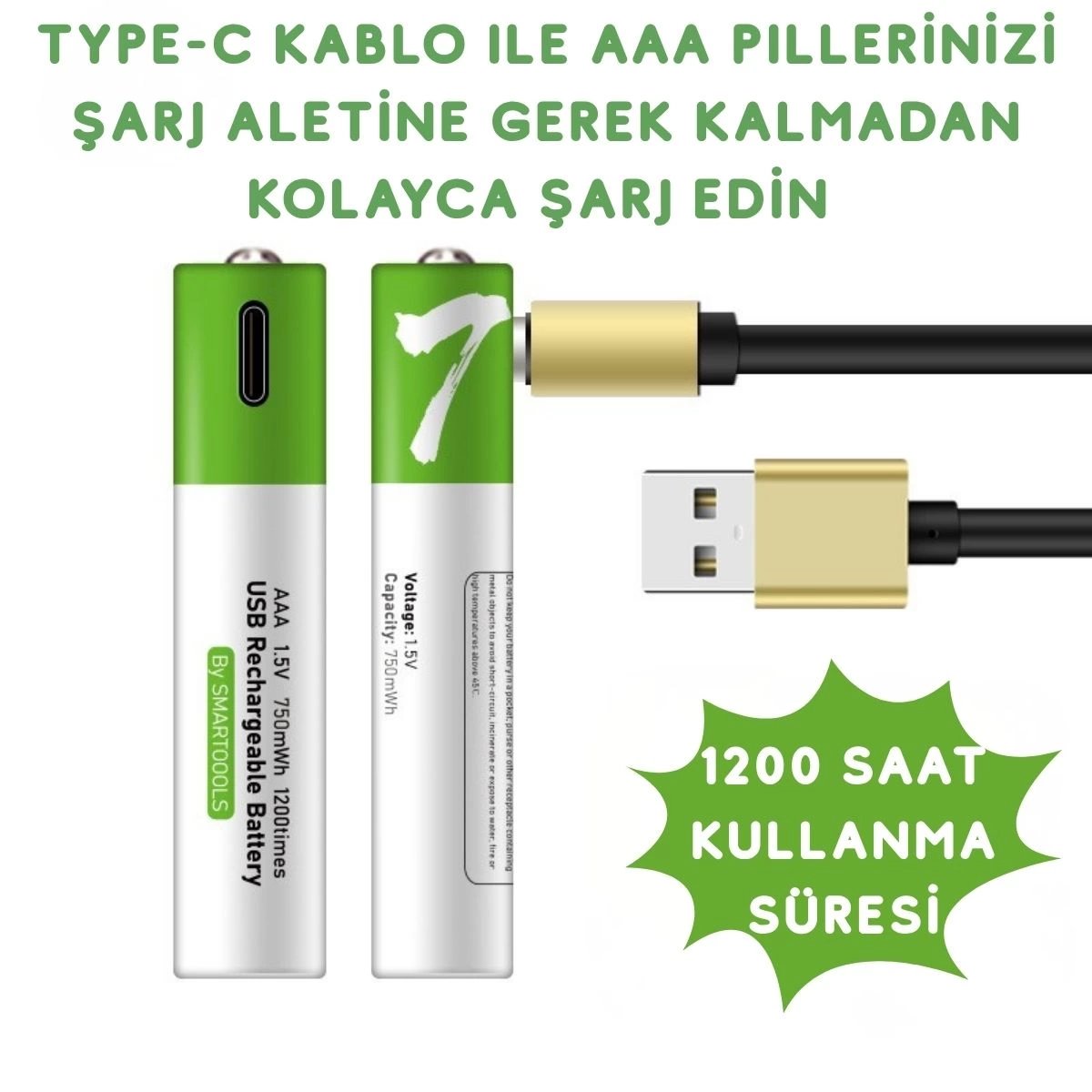 Usb Type-c Şarjlı 4 Adet Aaa 1.5v Lityum Kalem Pil 750mah Uzun Ömürlü ( Lisinya )
