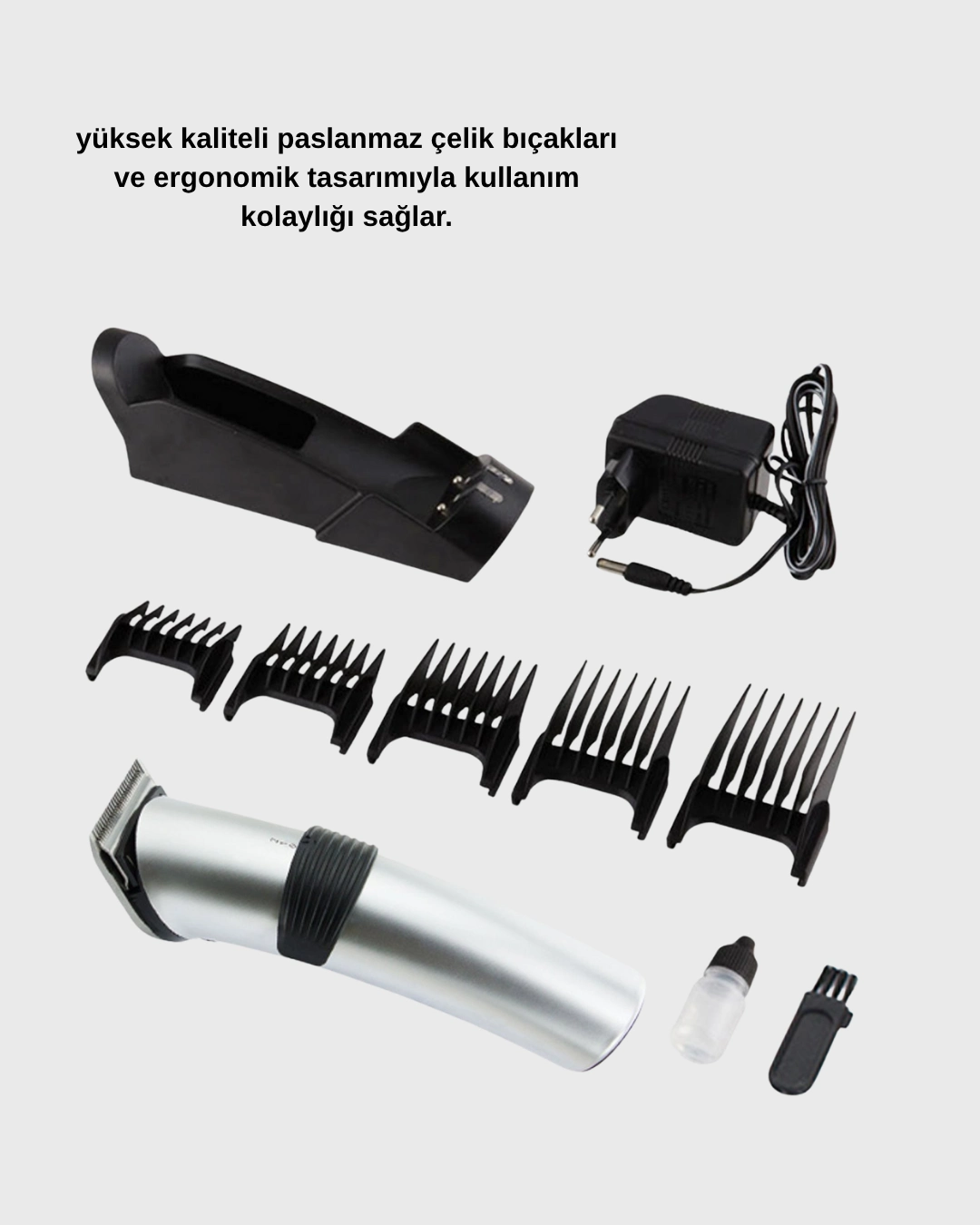 Şarjlı Saç Ve Sakal Kesme Makinesi – Paslanmaz Çelik Bıçak, Ayarlanabilir Başlık ( Lisinya )