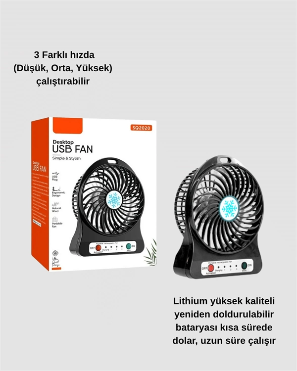 Şarjlı Usb Fan – Masaüstü Mini Vantilatör, Taşınabilir, Işıklı, 3 Kademeli, Sessiz ( Lisinya )