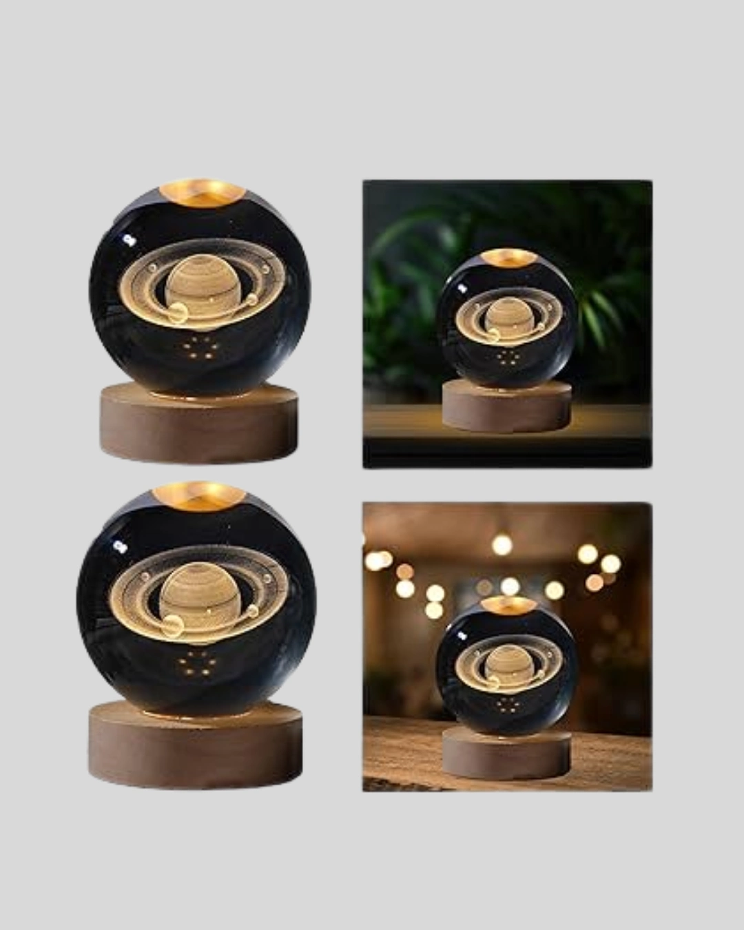 Satürn Desenli Kristal Küre Led Gece Lambası Ahşap Standlı ( Lisinya )