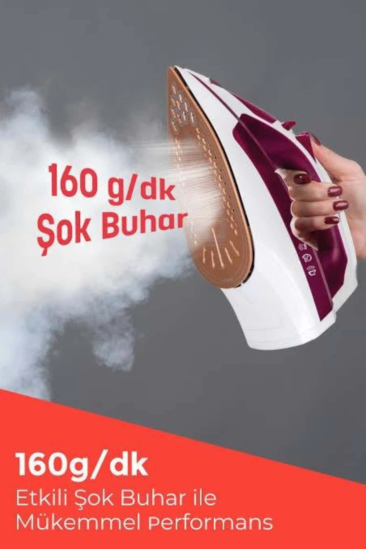 Seramik Tabanlı Kırmızı 2200 Watt Şok Buharlı Ütü ( Lisinya )