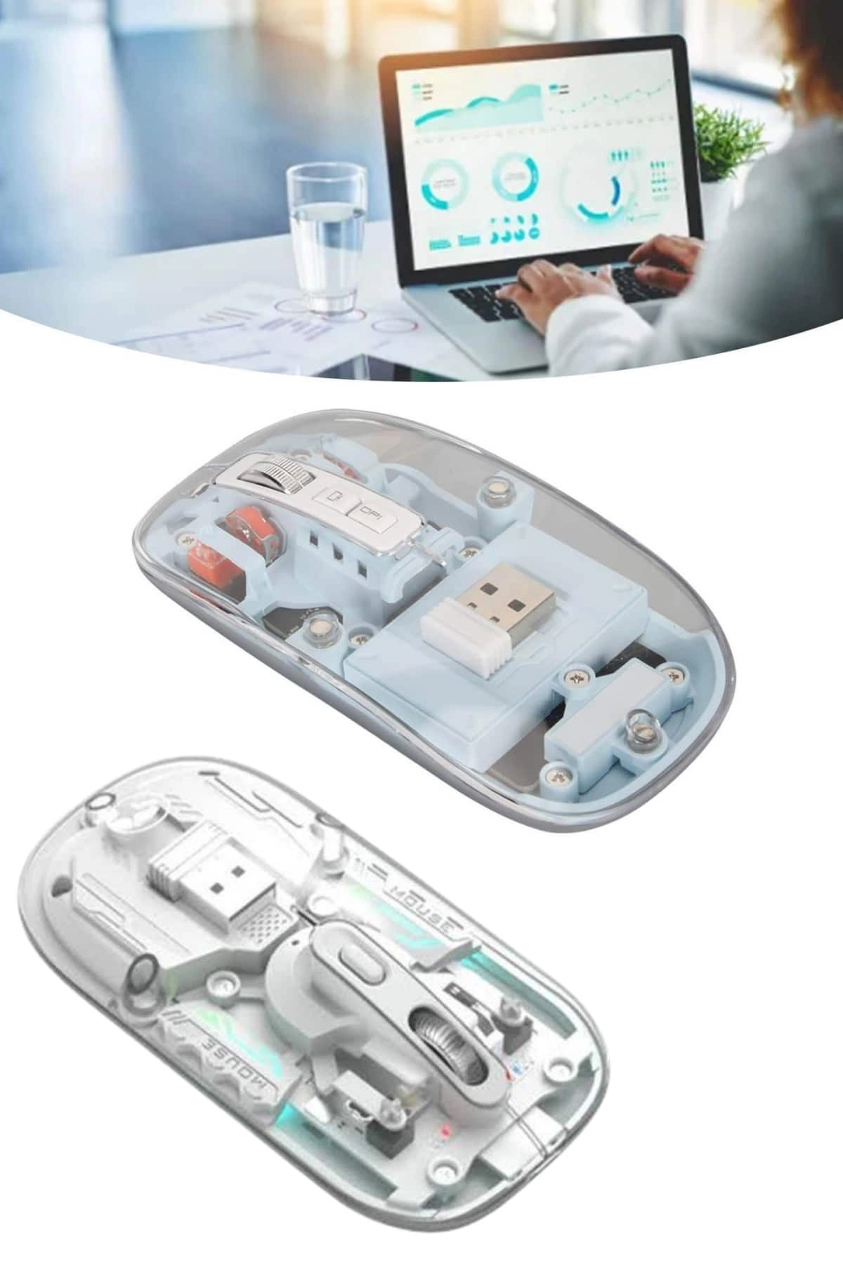 Sessiz Tıklama Çift Modlu Bluetooth Ve Alıcı Şeffaf Mouse Fare ( Lisinya )