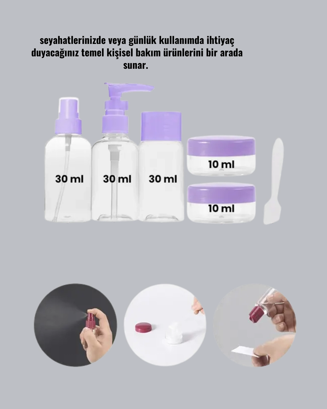Seyahat Banyo Seti 5 Parça Şeffaf Taşıma Çantalı 30 Ml ( Lisinya )
