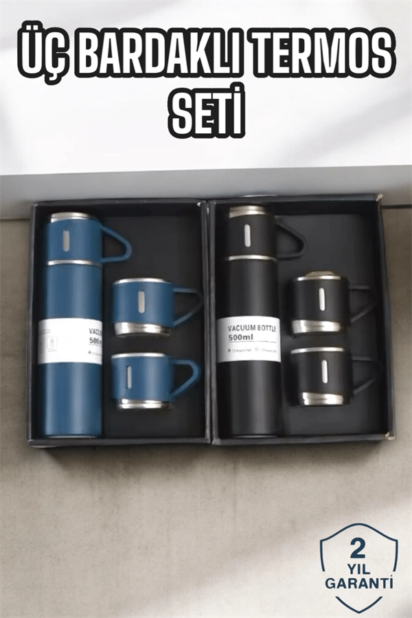 Şık Ve Dayanıklı 3 Bardaklı Termos Seti Uzun Süre Isı Koruma Özellikli ( Lisinya )