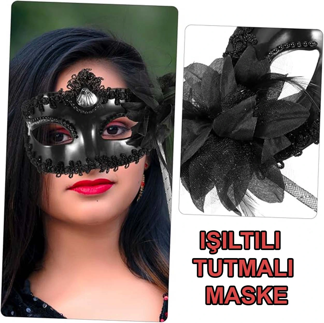 Siyah Işıltılı Tutmalı Fotoğraf Çekimi Maskesi ( Lisinya )