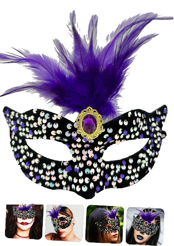Siyah Kadife Payetli Pullu Mor Tüylü Parti Maskesi ( Lisinya )