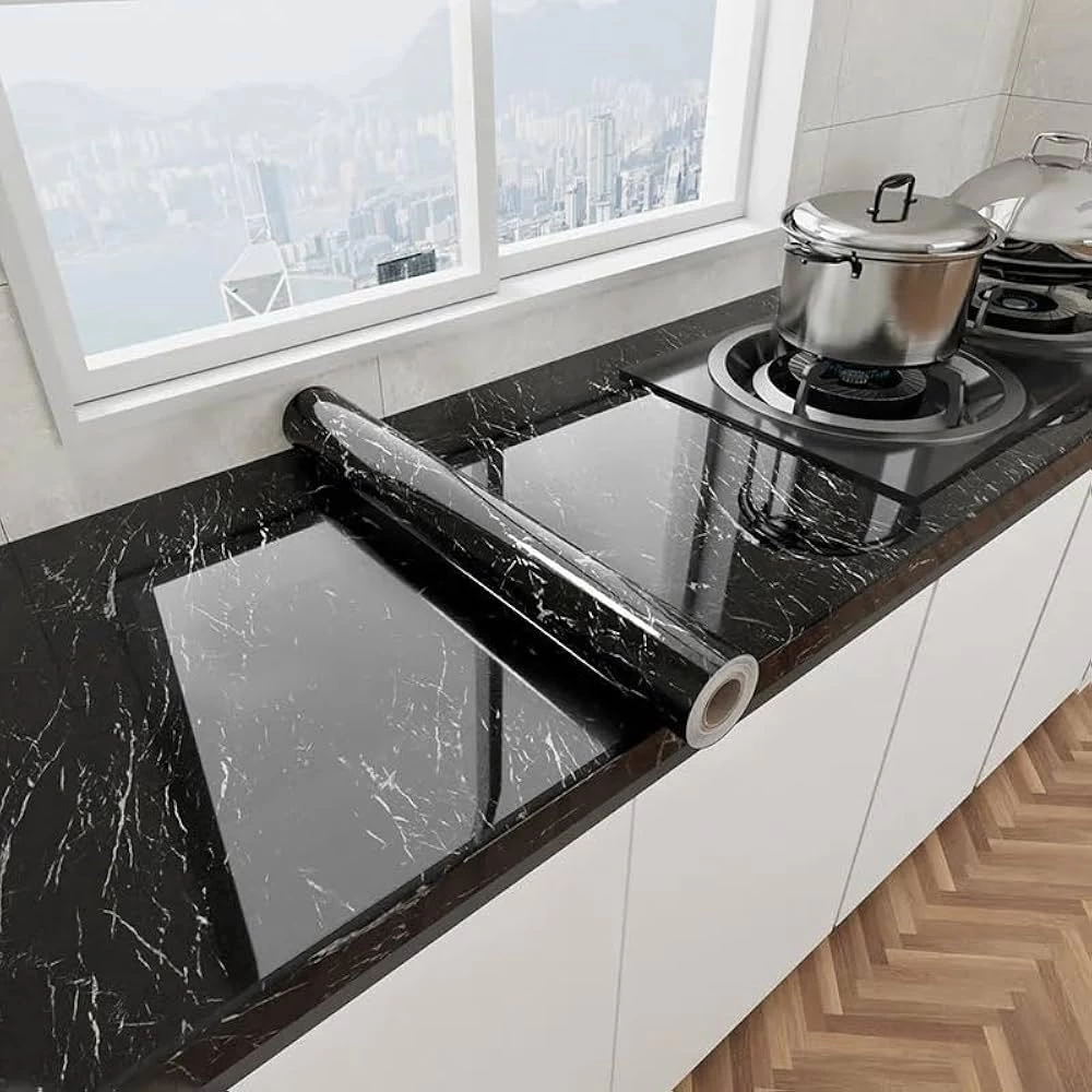 Siyah Mermer Desenli Yapışkanlı Tezgah Folyosu (3 Mt.x 60 Cm) ( Lisinya )