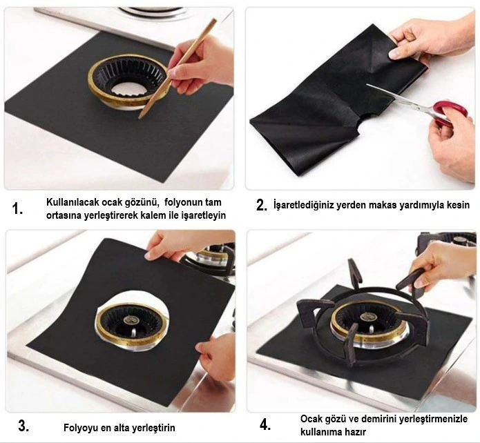 Siyah Renk Ocak Koruyucu Folyo Yanmaz Yapışmaz 4'lü Set ( Lisinya ) Siyah Renk Ocak Koruyucu Folyo Yanmaz Yapışmaz 4'lü Set ( Lisinya )