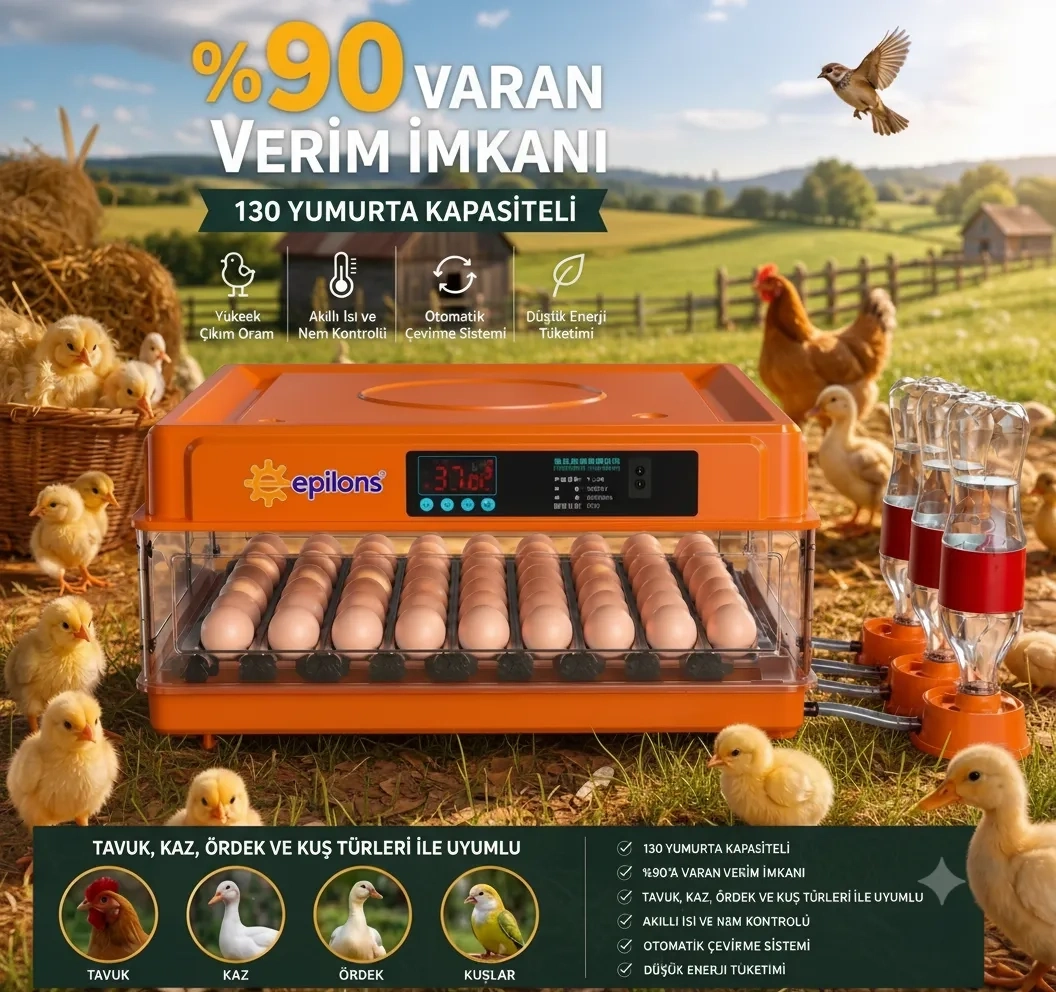 Tam Otomatik Kuluçka Makinesi 130 Yumurta Kapasiteli | Akıllı Isı ve Nem Kontrolü | Otomatik Yumurta Çevirme | Otomatik Su Sistemi | Ayarlanabilir Viyol ( Lisinya )