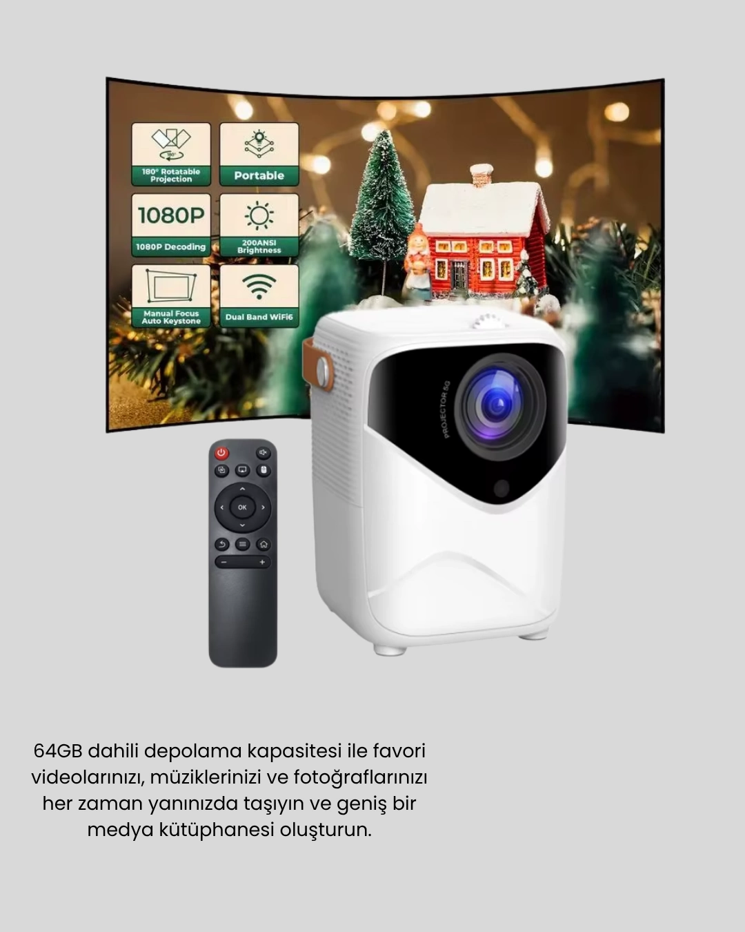 Taşınabilir 1080p Hd Akıllı Projektör – 64gb Dahili Hafıza, 2gb Ram, Uzaktan Kumandalı ( Lisinya ) Taşınabilir 1080p Hd Akıllı Projektör – 64gb Dahili Hafıza, 2gb Ram, Uzaktan Kumandalı ( Lisinya )