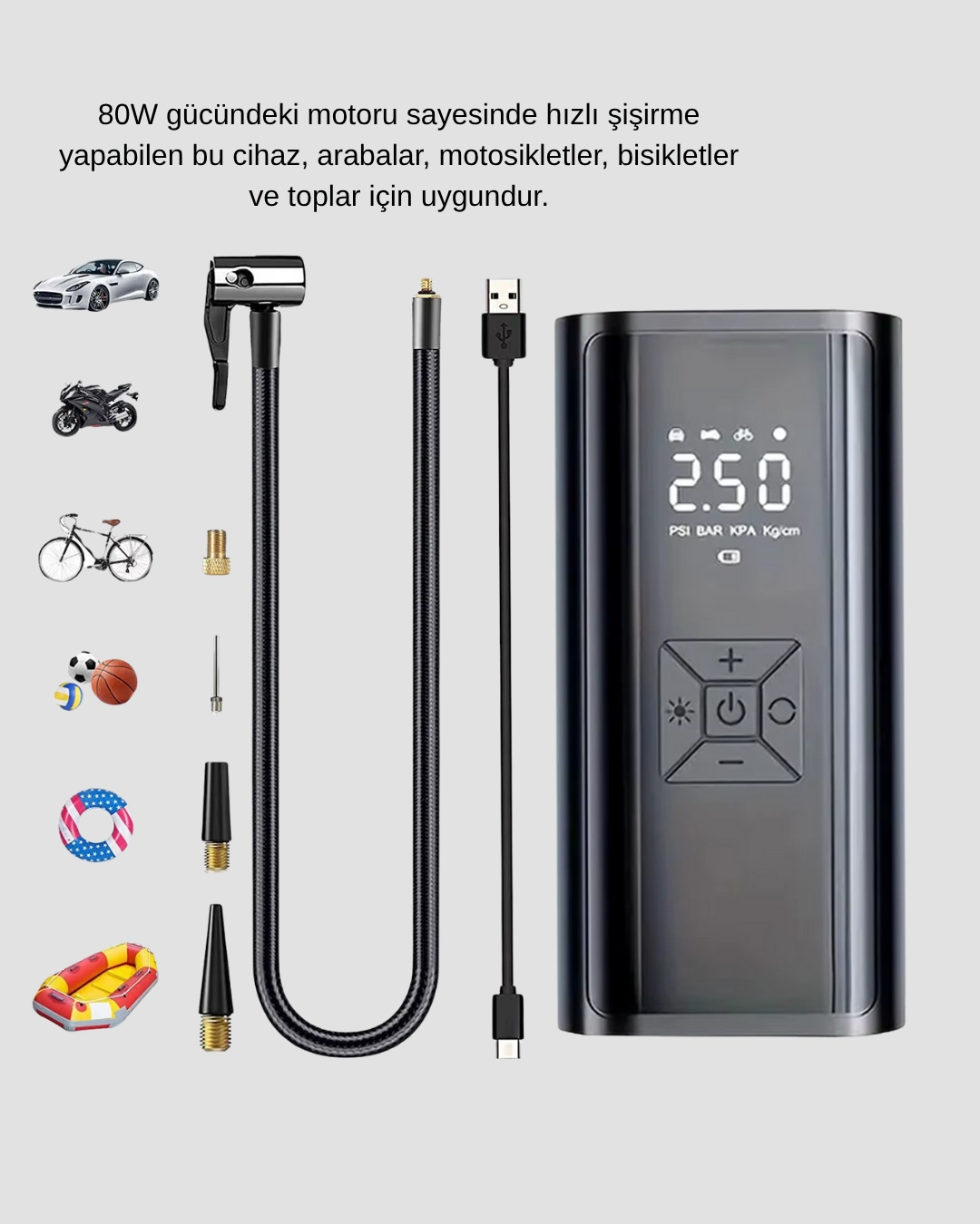 Taşınabilir 80w Kablosuz Lastik Şişirme Pompası Dijital Ekranlı ( Lisinya )