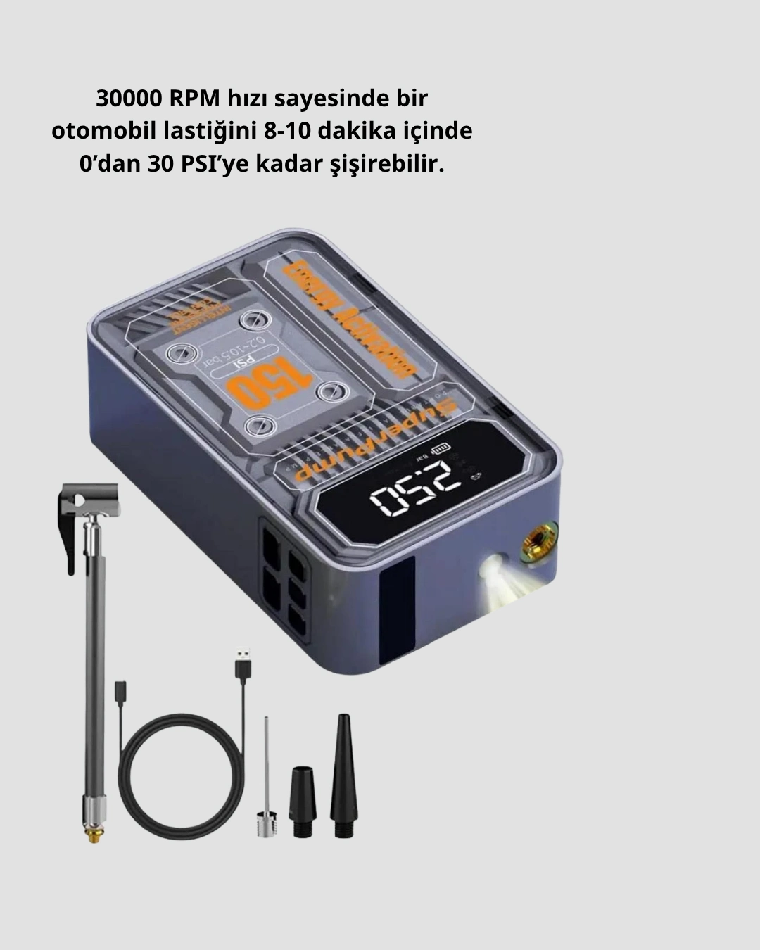 Taşınabilir Kablosuz Hava Pompası – 150 Psı Güçlü Basınç Ve 6000mah Şarjlı ( Lisinya )