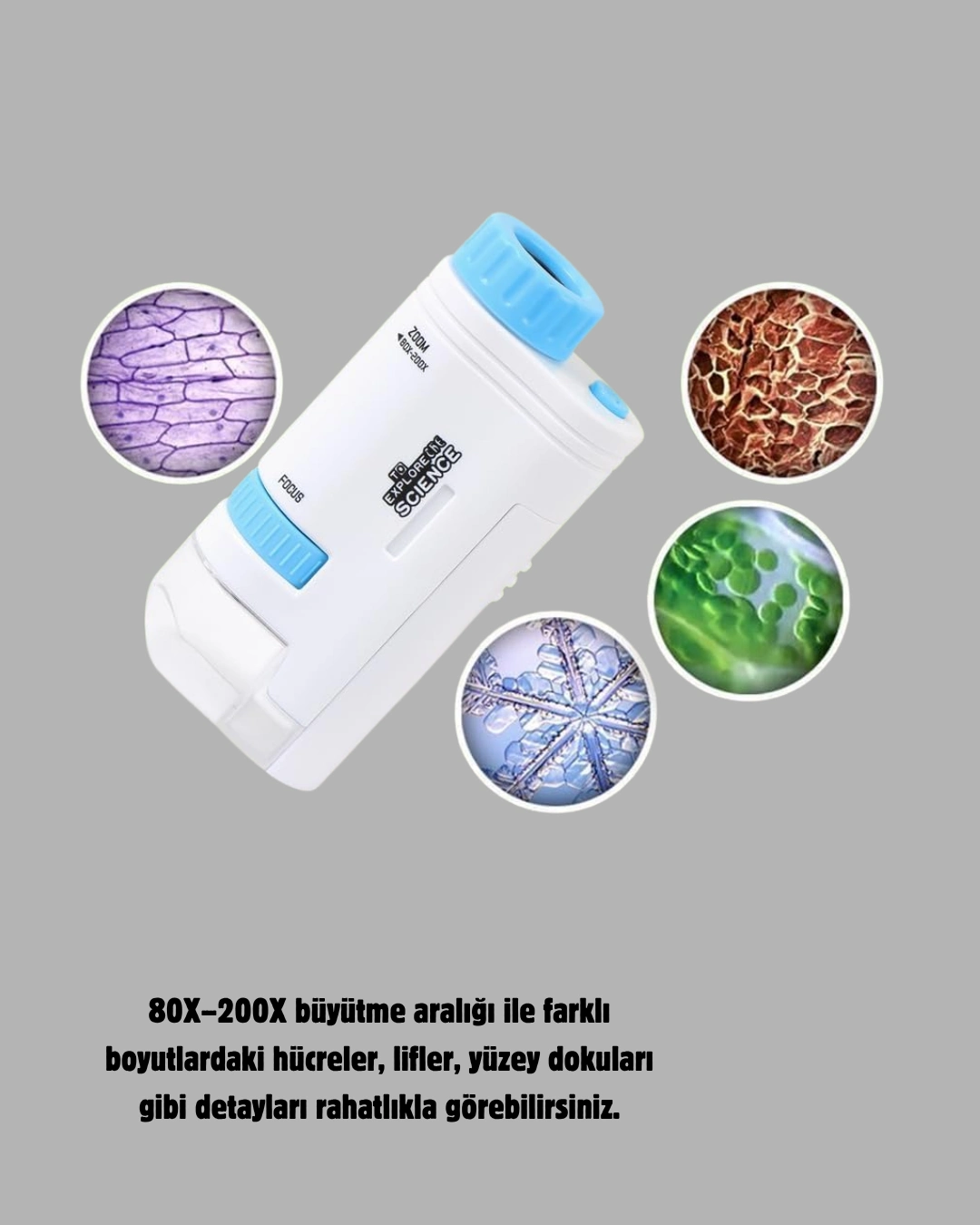 Taşınabilir Mini Mikroskop Led Işıklı 80x–200x Büyütmeli Ve Odak Ayarlı ( Lisinya )