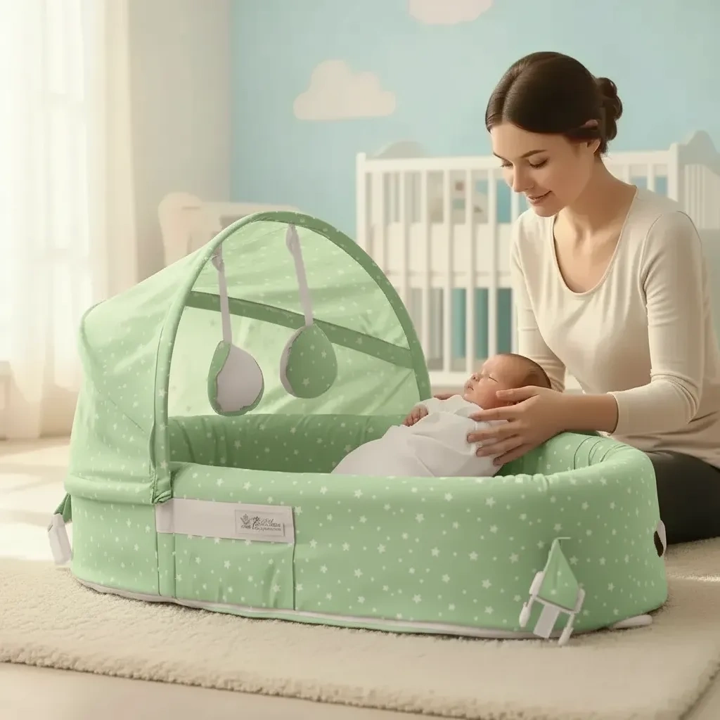 Taşınabilir Portatif Bebek Yatağı,sırt Çantasına Dönüşebilen Portatif Bebek Beşiği (yeşil) ( Lisinya )